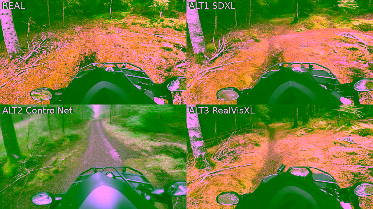 Rigtigt frame (øverst til venstre) mod tre generative metoder: SDXL img2img ved lav strength, ControlNet-Canny og RealVisXL. SDXL ved lav strength og RealVisXL forbliver tro mod kilden; ControlNet komponerer grønnere.