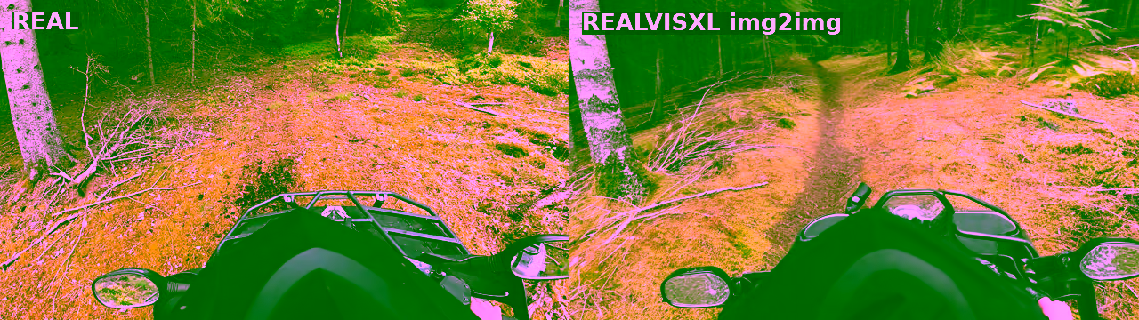 Et rigtigt frame og dets RealVisXL-img2img-regeneration. Samme POV, spejle, bagagebærer og spor; renere og skarpere.
